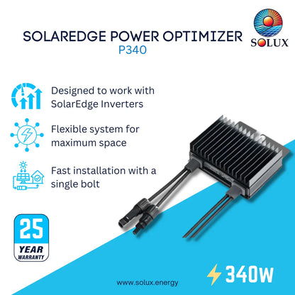 Solaredge Power Optimizer P340 by Solux, a 340W solar inverter optimizer, shown on a white and blue graphic background with product features and a 2-year warranty badge.