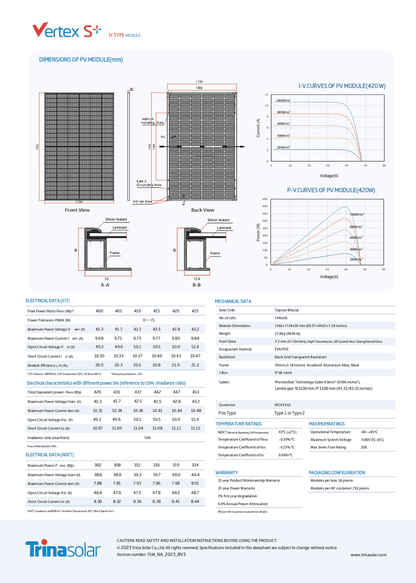 Technical datasheet for Trina Solar Vertex S+ solar module with specifications and diagrams.