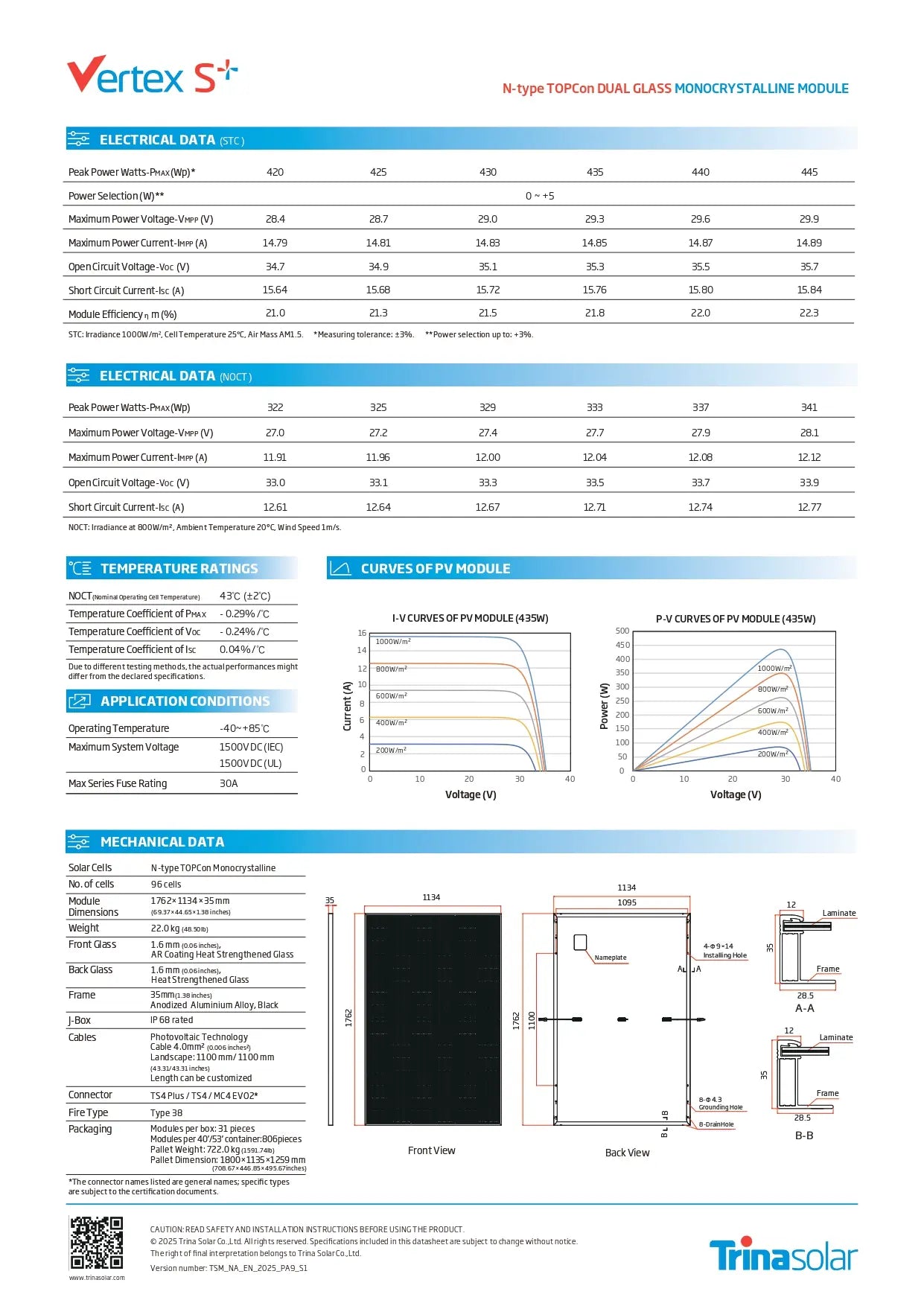 Technical datasheet for the Vertex S+ M type TOPCon dual glass monochrome line module by Trina Solar, featuring electrical data, temperature fade curves, application curves, and mechanical dimensions.