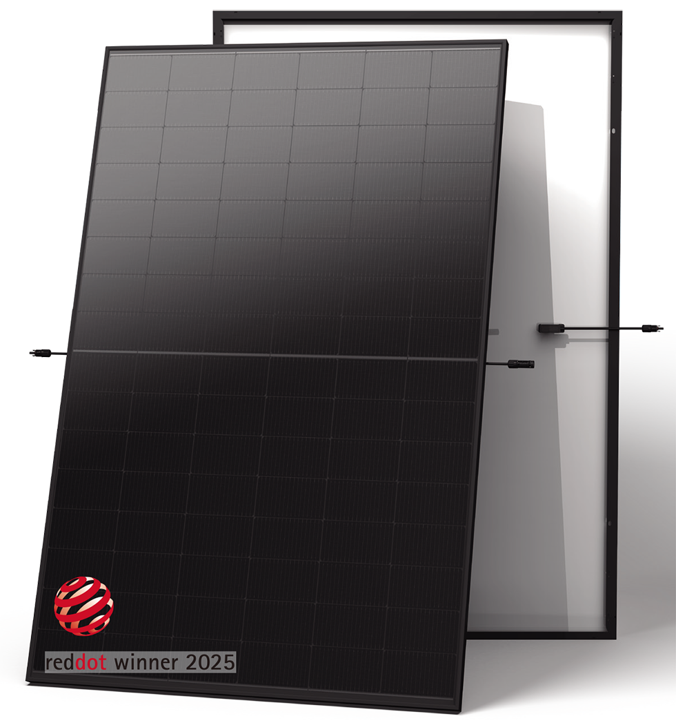 Two black solar panels shown at an angle against a white background, with a small 'red dot winner 2025' badge near the bottom left of the front panel.