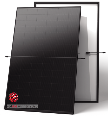 Two black solar panels shown at an angle against a white background, with a small 'red dot winner 2025' badge near the bottom left of the front panel.