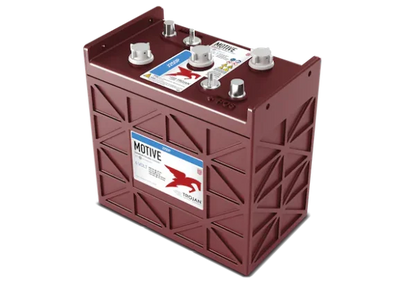 A red Trojan brand flooded lead acid battery with branding and cables visible on top.