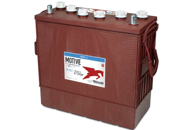 A red Trojan Motive flooded lead acid battery with multiple cell covers and a label indicating the model and capacity.