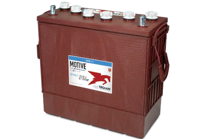 A red Trojan Motive flooded lead acid battery with multiple cell covers and a label indicating the model and capacity.