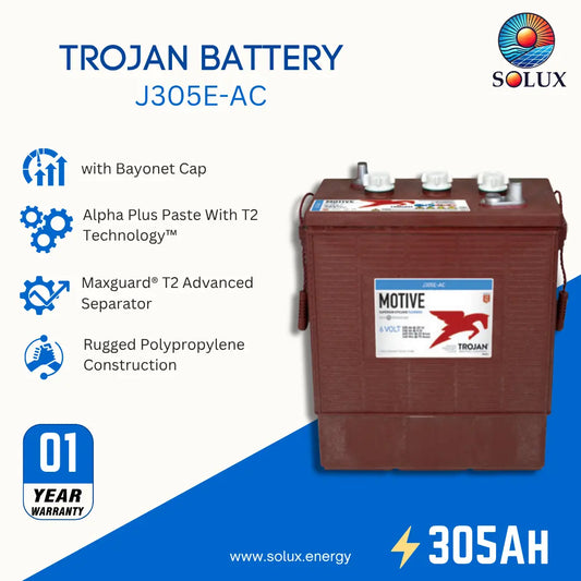Trojan Battery J305E-AC by Solux, featuring a dark reddish-brown battery with a white and blue label. The image includes product features, a 01-year warranty badge, and the Solux logo on a white and blue background.