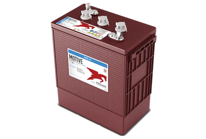 A red Trojan Motive flooded lead acid battery with visible terminals and branding on the top.