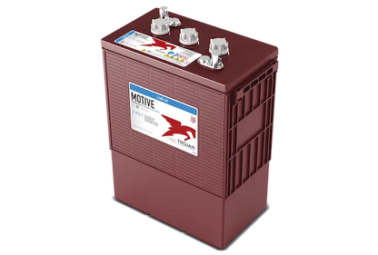 A red Trojan brand flooded lead acid battery with visible branding, gauges, and handles on the top.