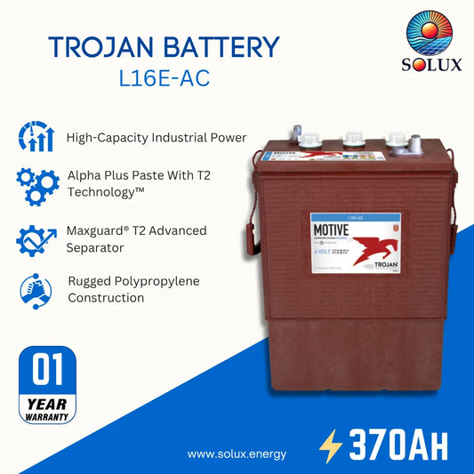 Trojan Battery L16E-AC by Solux, featuring a dark brown battery with a white and blue 'Motive' label, set against a split white and blue background with product features and a 1-year warranty badge.