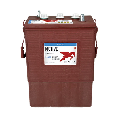 A red Trojan Motive L16H-AC flooded lead-acid battery with branding and model details visible on the label.