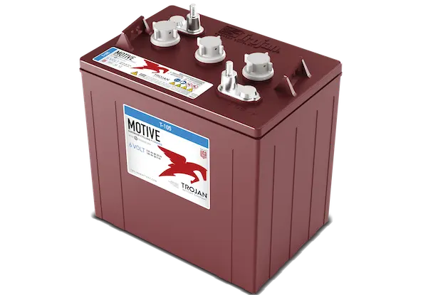 A red Trojan Motive T-105  flooded lead acid battery with multiple connectors on top.