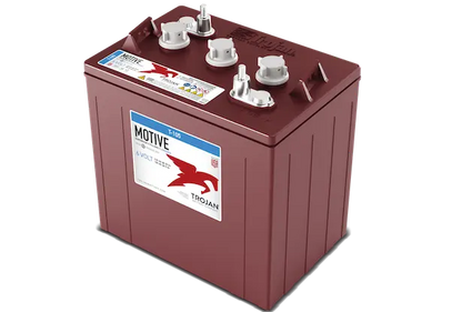 A red Trojan Motive T-105  flooded lead acid battery with multiple connectors on top.