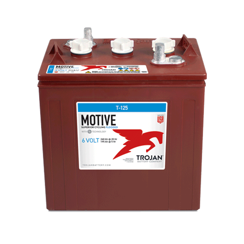 Trojan Motive T-125 6VDC Group GC2 Signature Deep-Cycle Flooded Battery, red with white labeling, showing top view with multiple terminals visible.
