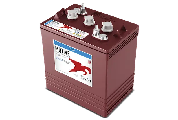 A red Trojan Motive T-145 260Ah 6VDC Group GC2H Signature Deep-Cycle Flooded Battery with multiple terminal connections on the top.