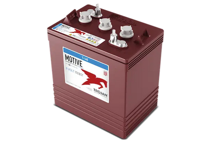 A red Trojan Motive T-145 260Ah 6VDC Group GC2H Signature Deep-Cycle Flooded Battery with multiple terminal connections on the top.