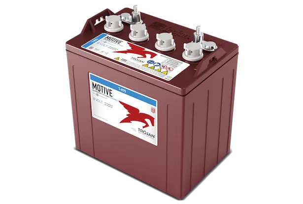 A red Trojan Motive T-875 170Ah 8VDC Group GC8 Signature Deep-Cycle Flooded Battery with multiple connectors on top.