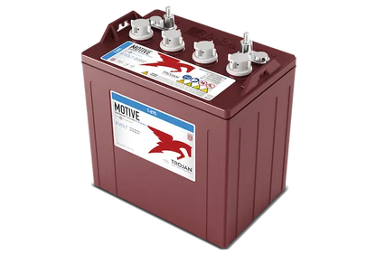 A red Trojan Motive T-875 170Ah 8VDC Group GC8 Signature Deep-Cycle Flooded Battery with multiple connectors on top.