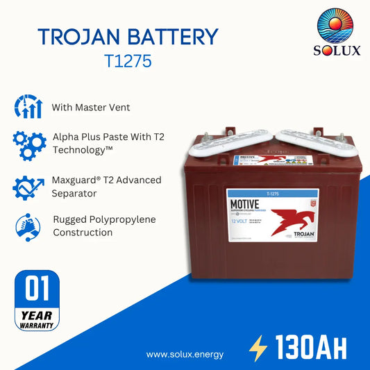 Trojan Battery T1275 12V 130AH by Solux, featuring a dark red battery with white terminal caps and a white label. The image includes product features, a 1-year warranty badge, and brand logos on a split white and blue background.