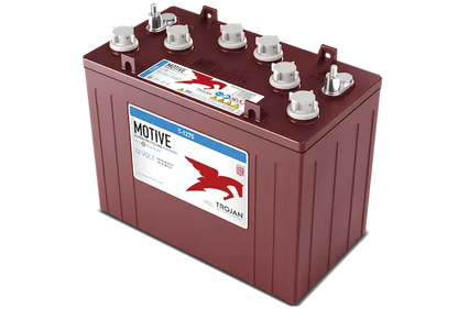 A red Trojan T1275 12V flooded lead acid battery with multiple connectors and a label on the top.