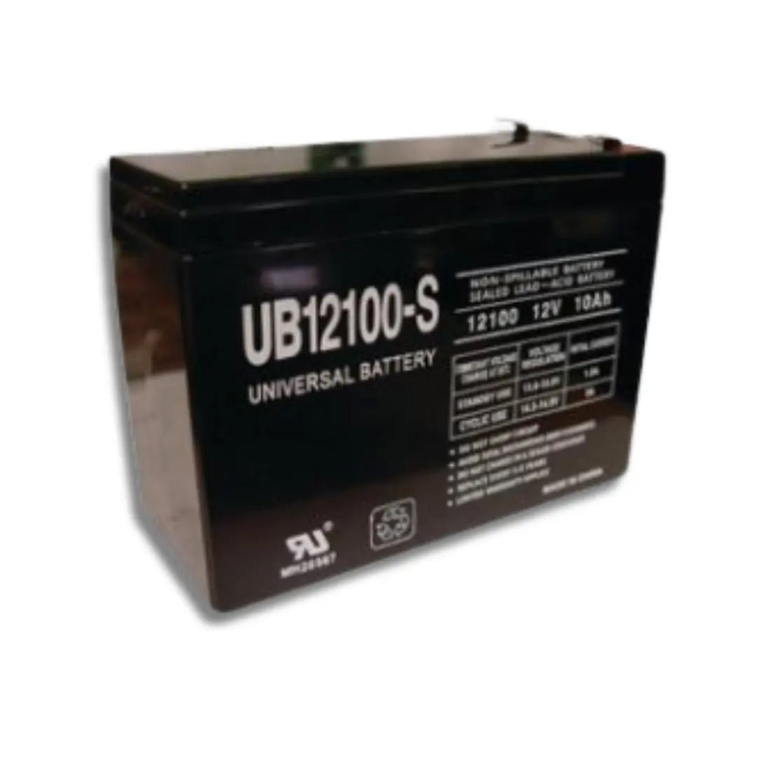 A black universal battery with white text, model UB12100-S, showing specifications and a RJ Microtest logo on a white background.