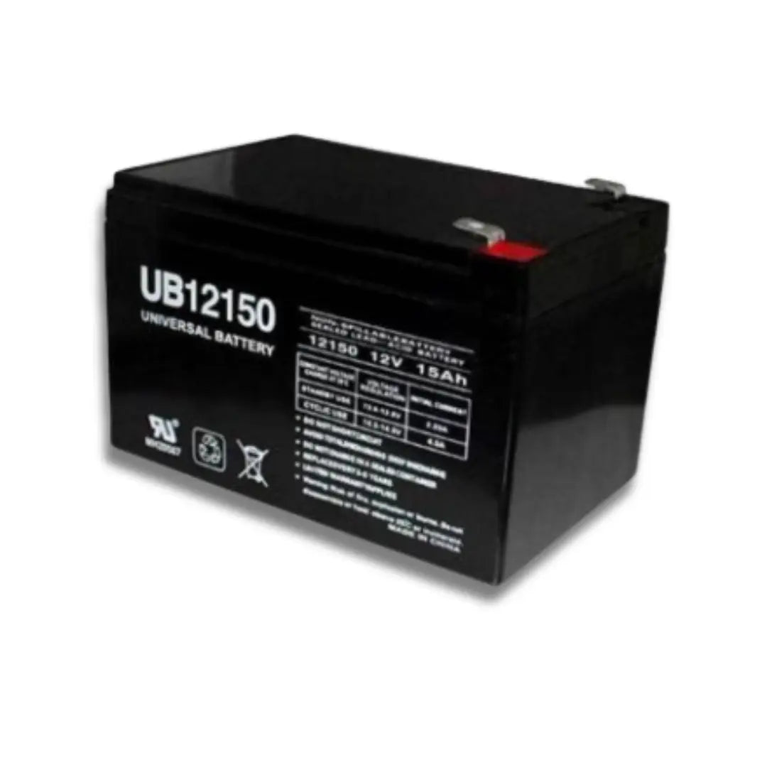 A black universal battery model UB12150 with white printed text and specifications on the side, shown on a plain white background.