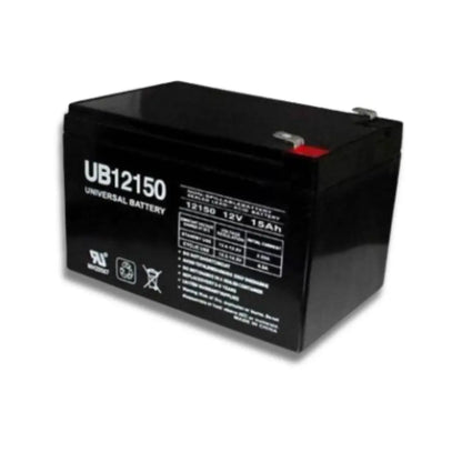 A black universal battery model UB12150 with white printed text and specifications on the side, shown on a plain white background.