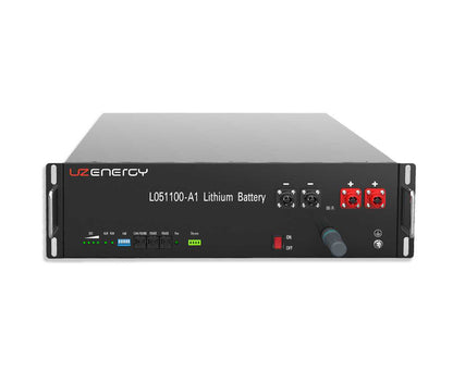 A black rack-mount lithium battery system by UZ Energy, model L051100-A1, shown against a plain white background. The front panel features various ports, red terminal connectors, a rotary knob, and LED indicators.