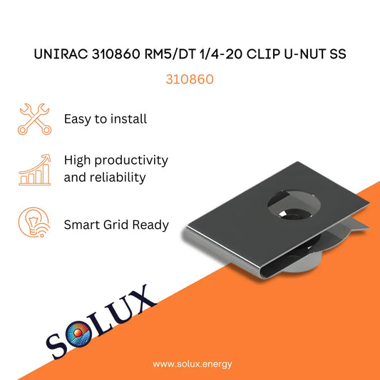 UNIRAC 310860 RM5/DT 1/4-20 CLIP U-NUT SS with Solux logo on an orange and white background