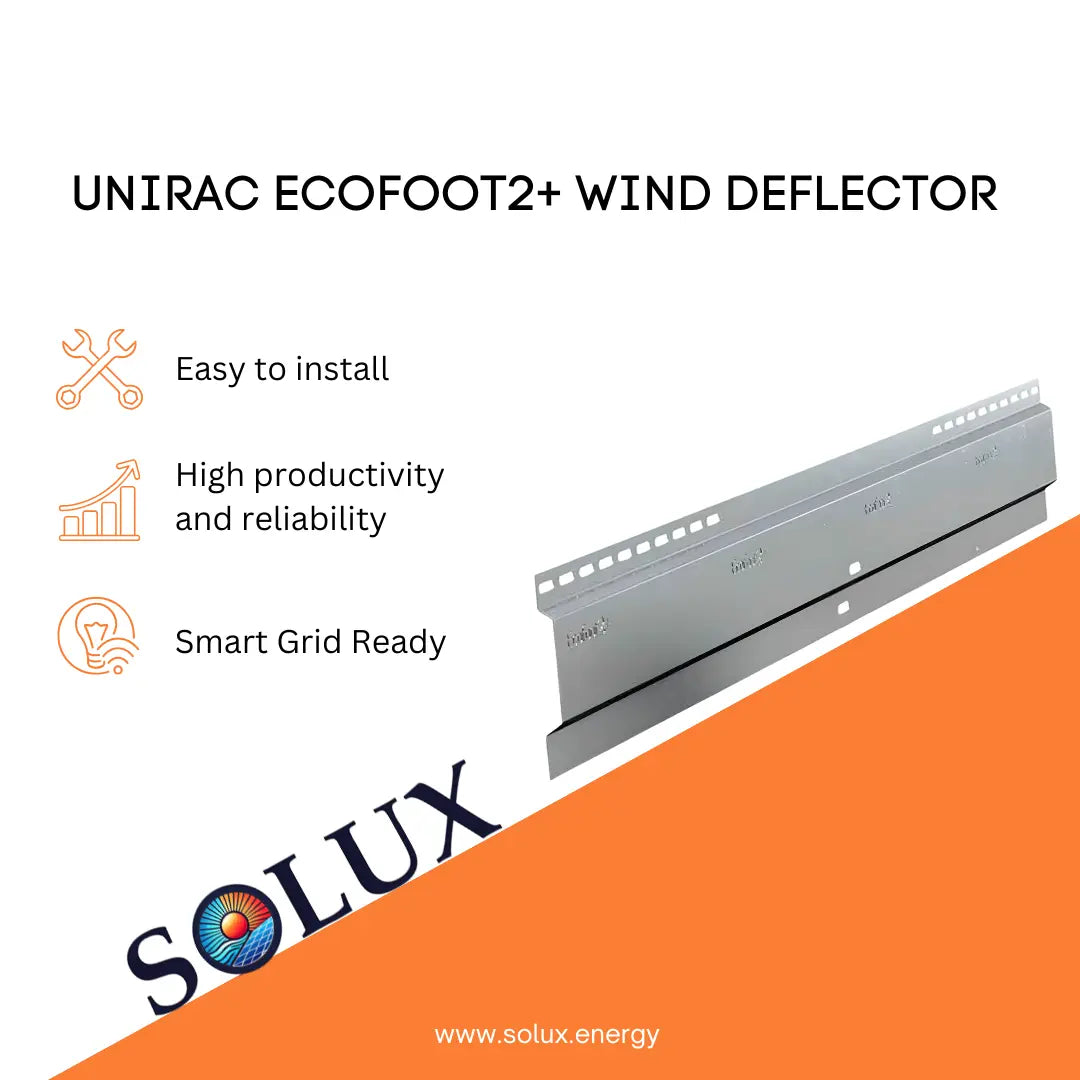 UNIRAC ECOFOOT2+ Wind Deflector with Solux logo on an orange and white background
