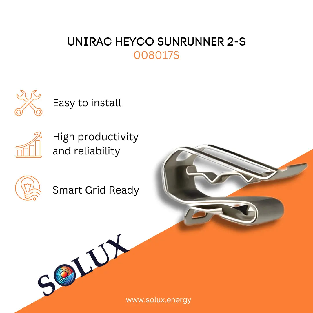 UNIRAC HEYCO SUNRUNNER 2-S product with Solux branding on an orange and white background.