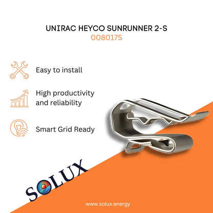 UNIRAC HEYCO SUNRUNNER 2-S product with Solux branding on an orange and white background.