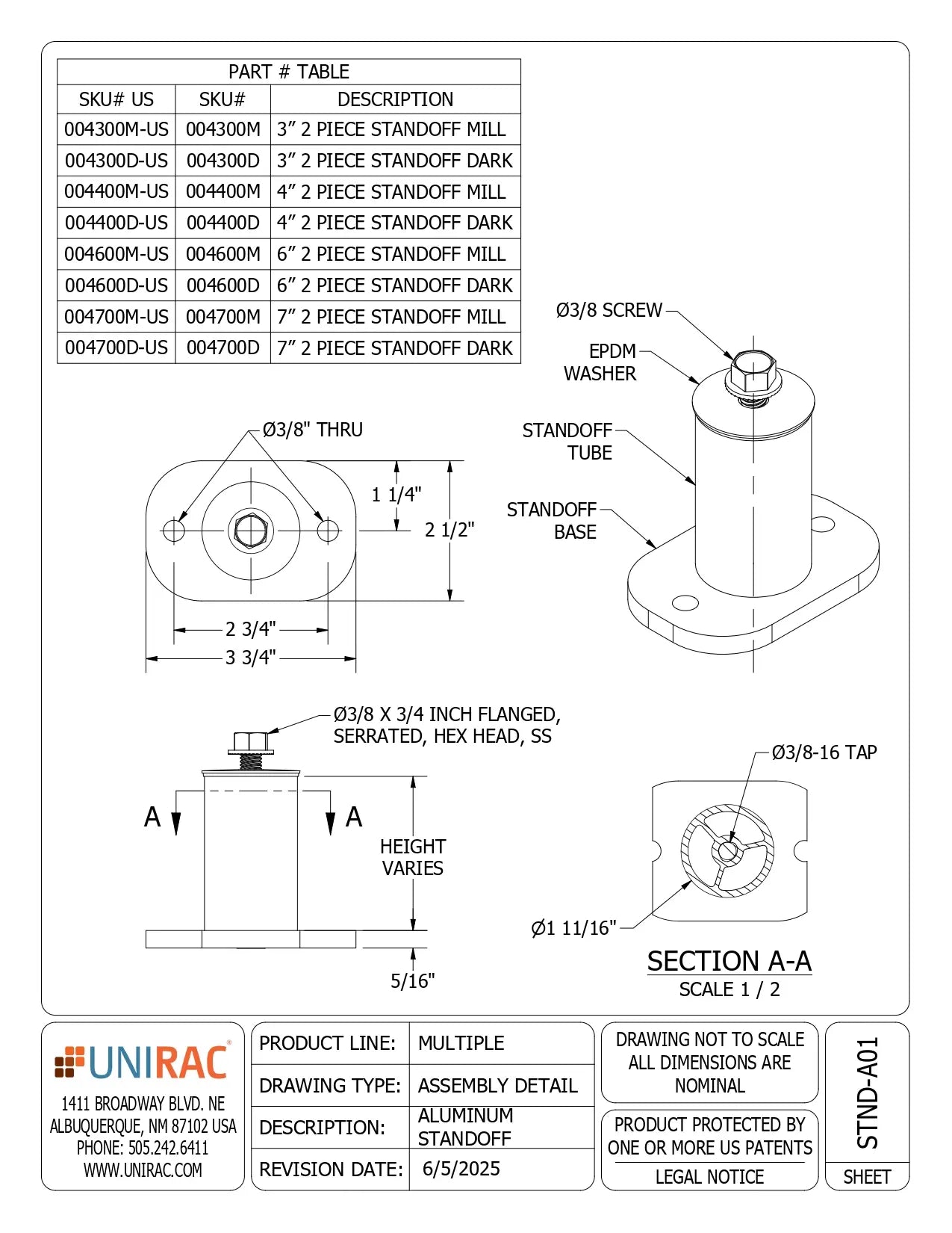 Unirac: UNI-004400M Unirac 2-piece stand-offs, 4", mill aluminum