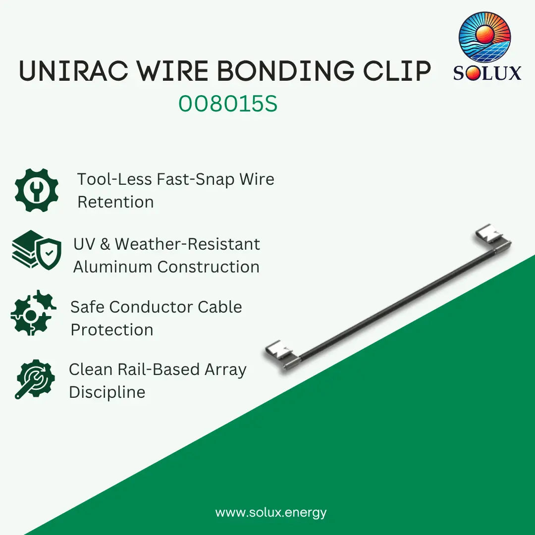 A promotional product graphic for a UNIRAC wire bonding clip, model 008015S, by Solux. The image features a long, slim metallic clip on a split white and green background with several feature callouts: tool-less fast-snap wire retention, UV and weather-resistant aluminum construction, safe conductor cable protection, and clean rail-based array discipline.