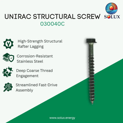 UNIRAC structural screw 030040C shown on a white and green promotional graphic with SOLUX branding and feature callouts for high strength, stainless steel, coarse thread engagement, and fast-drive assembly.