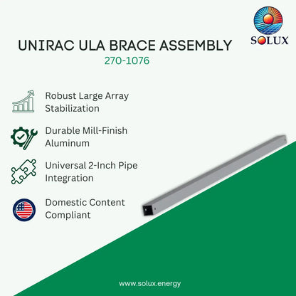 SOLUX UNIRAC ULA BRACE ASSEMBLY 270-1076 product graphic on a white background with a green diagonal section. The image includes the product photo, SOLUX logo, and feature callouts for large array stabilization, durable mill-finish aluminum, universal 2-inch pipe integration, and domestic content compliance.