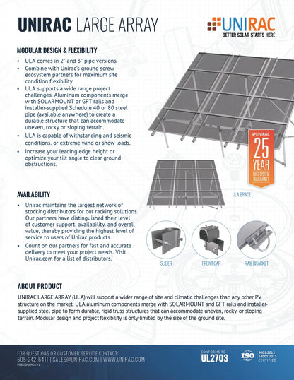A technical marketing page for the Unirac Large Array (ULA), showing a schematic diagram of the modular PV structure with dimensions, product specifications, and feature bullet points on a white background.