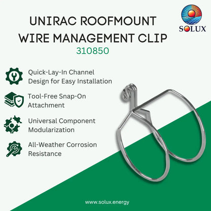 Silver metal roof mount wire management clip on a split white and green background with product text, feature icons, and the Solux logo.