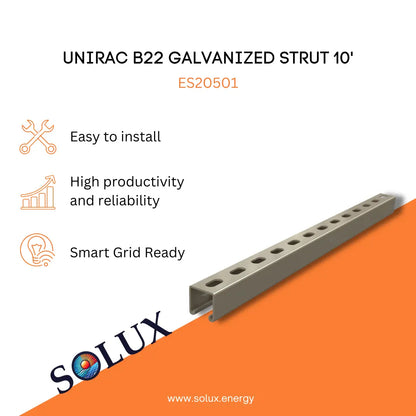 Unirac ES20501 B22 Galvanized Strut 10' product info; easy to install, high reliability, and smart grid ready.