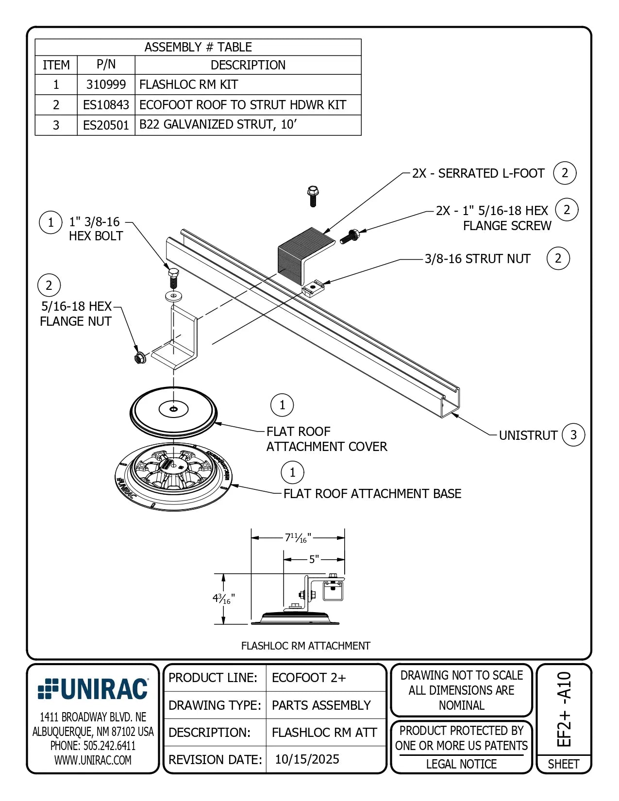 Technical assembly drawing of ES20501 galvanized strut with flat roof attachment and mounting hardware.