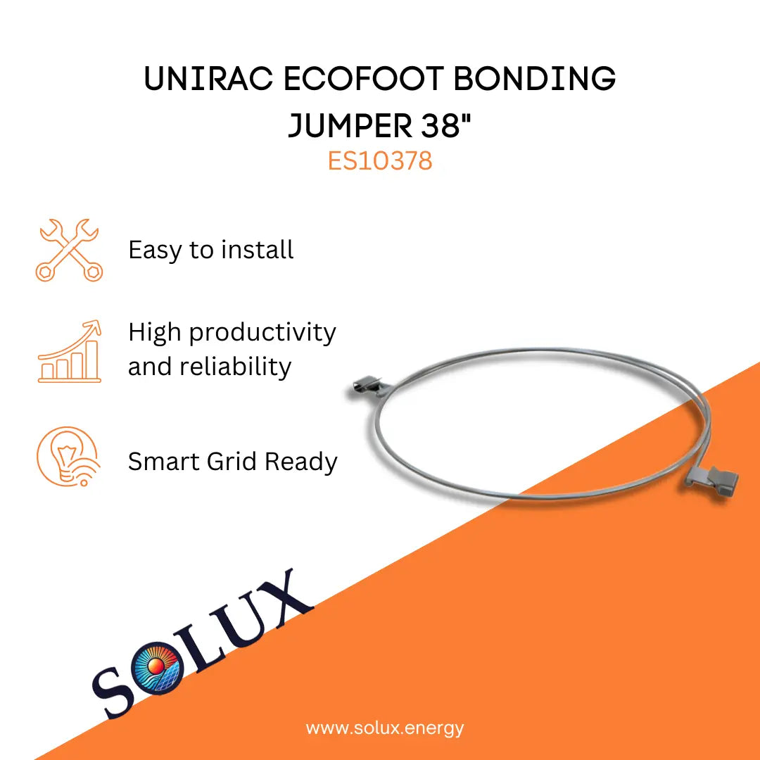 SOLUX marketing graphic for Unirac EcoFoot Bonding Jumper 38" (ES10378) with install icons