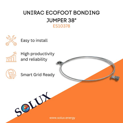 SOLUX marketing graphic for Unirac EcoFoot Bonding Jumper 38" (ES10378) with install icons