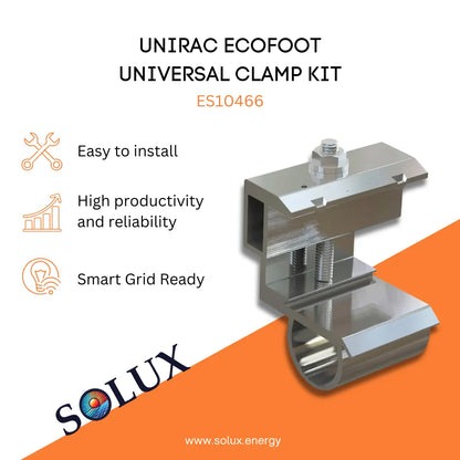 Unirac ES10466 EcoFoot Preassembled Universal Clamp Kit silver metal mounting hardware with SOLUX logo.C