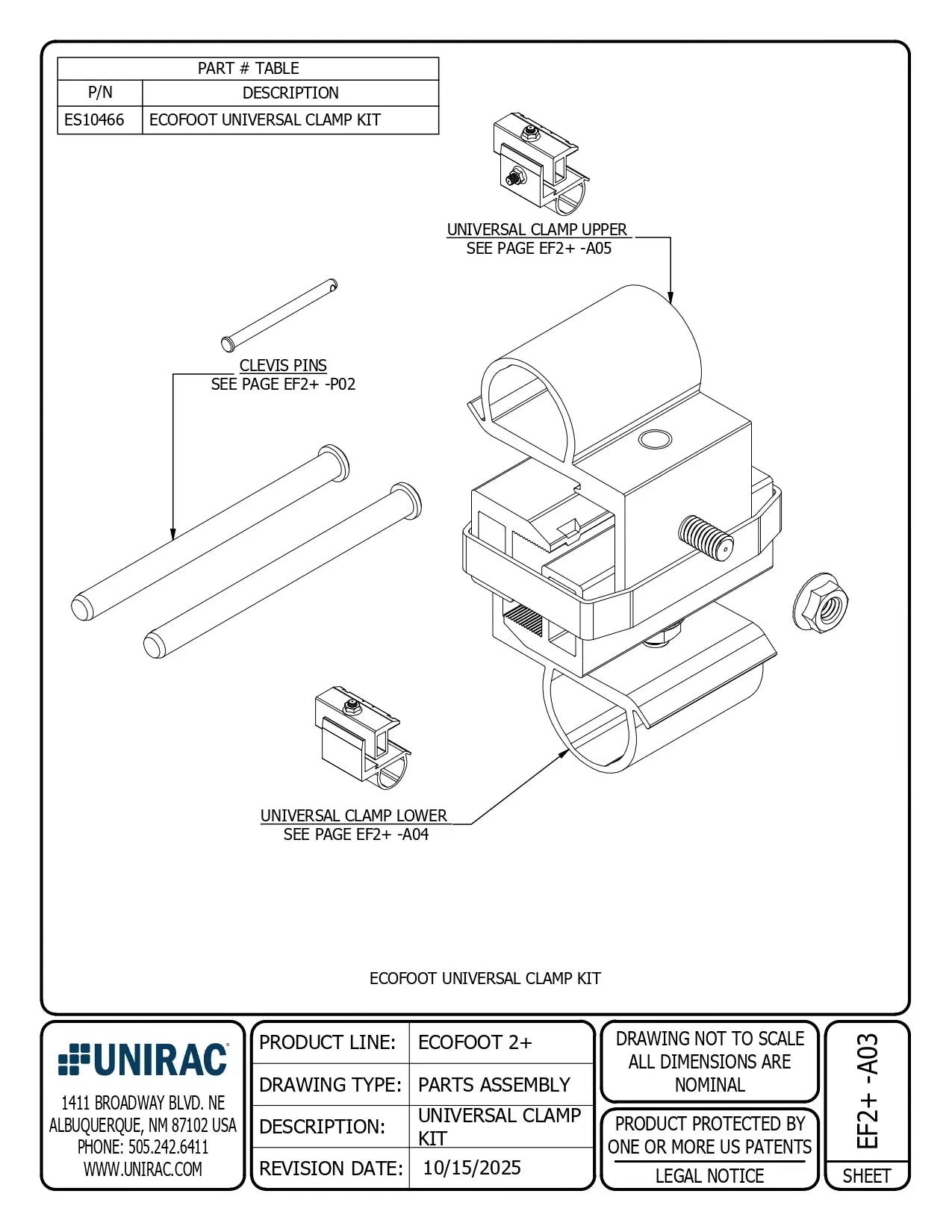 Technical drawing for ES10466 solar roof mount kit showing exploded view of universal clamp assembly and labels.