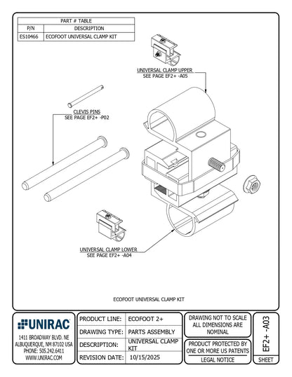 Technical drawing for ES10466 solar roof mount kit showing exploded view of universal clamp assembly and labels.