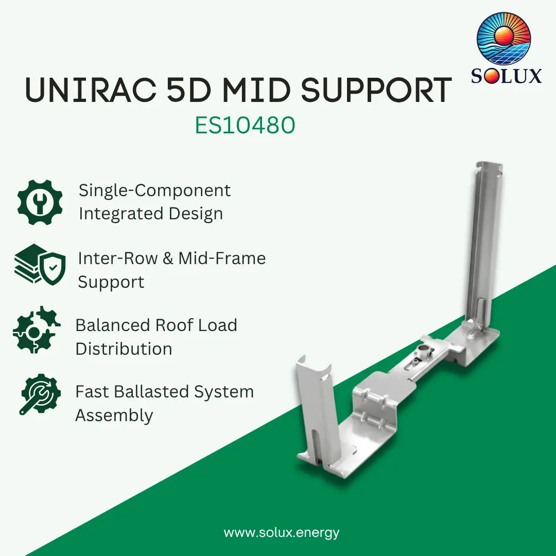 SOLUX UNIRAC 5D MID SUPPORT ES10480 product graphic on a white and green background, showing a single integrated metal support component with feature callouts and the SOLUX logo.