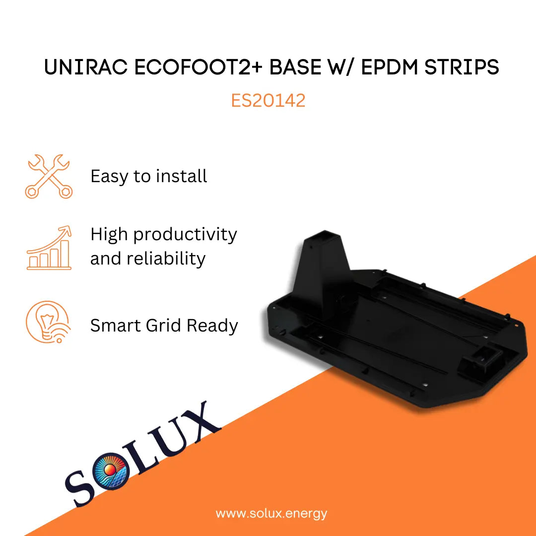 Unirac ES20142 EcoFoot2+ Base w/ EPDM Strips product image with listed benefits like easy install and Smart Grid Ready.