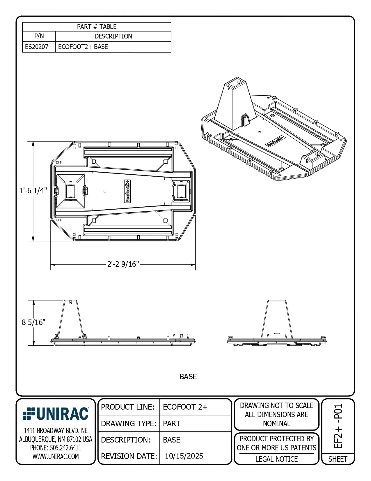 Technical cut sheet for ES20142 epdm strip EcoFoot 2+ Base showing top, side, and isometric views with dimensions.
