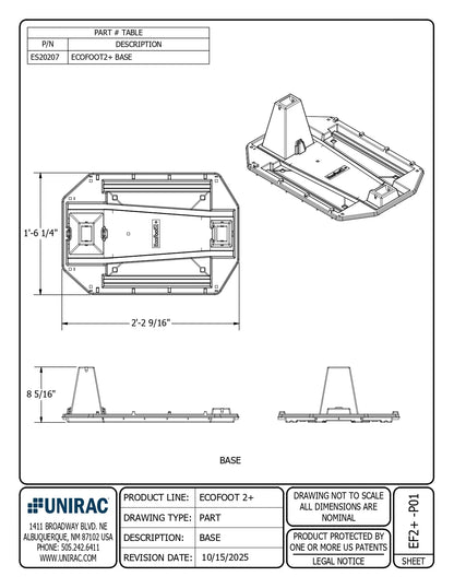 Technical cut sheet for ES20142 epdm strip EcoFoot 2+ Base showing top, side, and isometric views with dimensions.