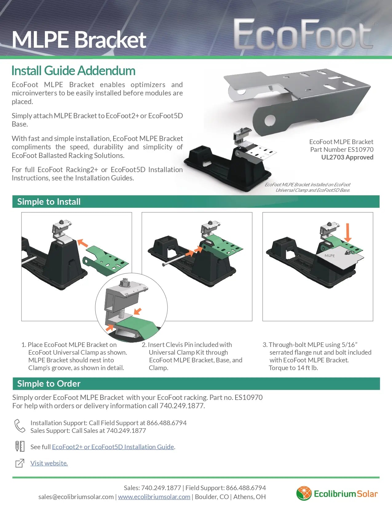 EcoFoot MLPE Bracket ES10970 Install Guide showing a three-step process for mounting the bracket to a solar base.