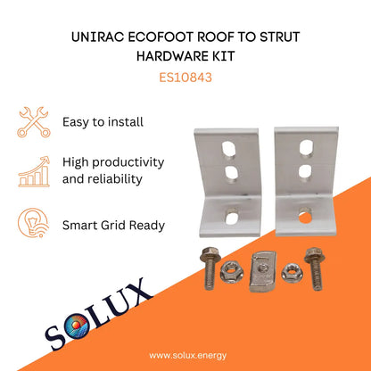 Unirac ES10843 EcoFoot Roof to Strut Hardware Kit featuring L-brackets, bolts, and nuts for solar mounting.