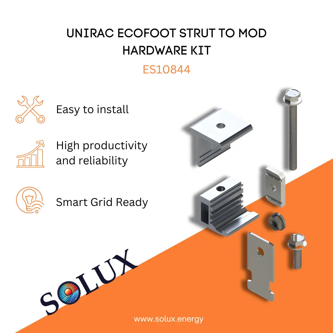 Unirac ES10844 Strut to Module Hardware Kit with various metal brackets and bolts for solar mounting.